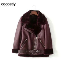 Load image into Gallery viewer, Women's faux leather fur coat with zipper and belt, wine color, luxury winter wear.