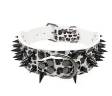 Load image into Gallery viewer, Spiked studded leather collar with black spikes and leopard print for pets
