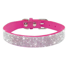 Load image into Gallery viewer, Sparkling pink leather pet collar with rhinestones, designed for adjustable fit on puppies and cats, elegant and stylish.