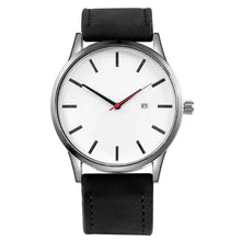 Cargar imagen en el visor de la galería, Elegant Leather Quartz Watch with vegan leather strap, featuring minimalist black and white dial for timeless unisex style and precision.