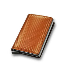 Load image into Gallery viewer, Slim trifold RFID wallet in brown vegan leather, perfect for organizing essentials with style and security.