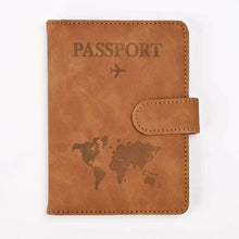 Load image into Gallery viewer, PU leather passport and card holder in brown with world map design, vegan leather, imported travel accessory