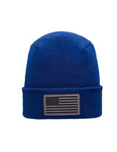 Load image into Gallery viewer, American Flag Beanie - H-Stitch Circular Knit Cuffed Beanie - Patented Design and Made in USA, blue beanie with American flag patch