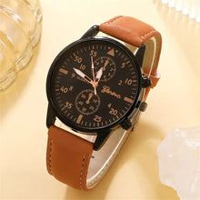 Cargar imagen en el visor de la galería, Men's luxury brown leather quartz wristwatch with black dial and vegan leather strap, elegant design for a sophisticated look.