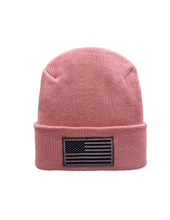 Load image into Gallery viewer, American Flag Beanie - H-Stitch Circular Knit Cuffed Beanie - Patented Design and Made in USA, pink cuffed beanie with flag patch