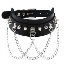 Load image into Gallery viewer, Black leather choker with spikes and metal chains for gothic or punk fashion