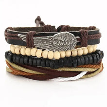 Load image into Gallery viewer, Multilayer leather bracelet with wing charm, wood beads, and colorful cords for stylish and durable wrist accessory.