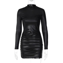 Cargar imagen en el visor de la galería, Black faux leather ruched mini dress with long sleeves, featuring a sleek and edgy design perfect for a sophisticated night out.