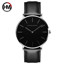 Load image into Gallery viewer, Sleek black dial leather strap watch with minimalist design.