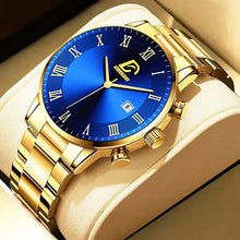 Load image into Gallery viewer, Gold minimalist men's watch with sleek blue dial and Roman numerals, showcasing modern elegance and timeless style.