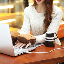 Load image into Gallery viewer, Woman using winter heated gloves connected to a laptop, showcasing cozy warmth and adjustable heat settings. Coffee mug nearby on table.