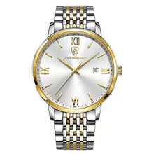 Load image into Gallery viewer, Men's stainless steel watch with gold accents, sleek design, and Roman numerals, combining elegance with modern functionality.