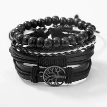 Charger l'image dans la galerie, Black leather and bead bracelet set with tree of life charm, stylish men's jewelry accessory