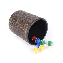 Load image into Gallery viewer, Egyptian pattern brown leather rune dice cup with colorful dice, perfect for gaming or divination rituals.