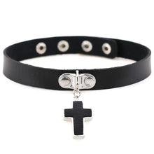 Load image into Gallery viewer, Black leather necklace with a round pendant and cross charm, offering timeless elegance and modern sophistication for any occasion.