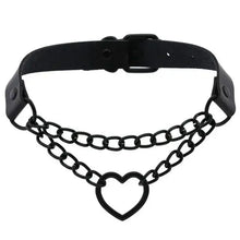 Load image into Gallery viewer, Black leather choker with double chain and heart-shaped pendant.