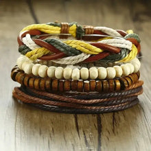 Load image into Gallery viewer, Colorful braided wrap leather bracelets showcasing intricate design and craftsmanship on a wooden surface.