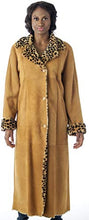 Load image into Gallery viewer, REED Women's Sheepskin Shearling Full-Length Coat with leopard print trim, genuine suede surface, featuring button closure. Imported.
