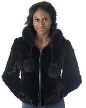 Load image into Gallery viewer, Woman wearing REED women's mink fur bomber jacket, luxurious genuine mink fur, black color, professional fur clean only.