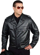 Load image into Gallery viewer, REED Men's Police Leather Motorcycle Jacket, black premium cowhide, durable 1.2 mm thickness, made in USA. Model wearing jacket.