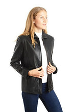 Load image into Gallery viewer, Model wearing REED Women's Lambskin 26-inch Classic Leather Jacket, black, with satin lining. Imported and stylish for winter fashion.