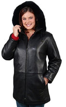 Charger l'image dans la galerie, REED Women's Black 33" Parka with Fox Trimmed Detachable Hood, New Zealand Lamb Leather Jacket - Fashionable Outerwear