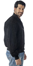 Load image into Gallery viewer, Model wearing REED Men's Baseball Suede Leather Jacket with satin lining, perfect for fall and spring, showcasing classic style and comfort.