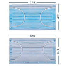 Load image into Gallery viewer, Professional Disposable 3 Ply Filter Face Masks for Crafting, 50 Pack, Blue, with Dimensions Displayed.