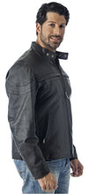 Cargar imagen en el visor de la galería, Man wearing REED men's black vented motorcycle leather jacket with hidden air vents and zip-out lining.