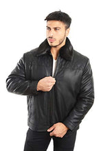 Cargar imagen en el visor de la galería, Men's faux leather jacket with detachable faux fur collar, black classic style by REED.