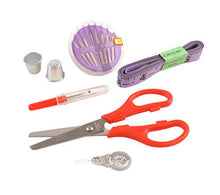 Load image into Gallery viewer, eZthings Professional Sewing Kit with red scissors, measuring tape, thread spools, needles, seam ripper, and thimbles for crafting projects.