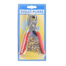 Load image into Gallery viewer, Eyelet pliers set with red handles and golden eyelets, packaged in clear plastic, ideal for crafting and leather work.