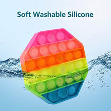 Load image into Gallery viewer, Colorful hexagon push bubble fidget toy made of soft, washable silicone, ideal for stress relief and sensory play.