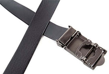 Load image into Gallery viewer, Black PU leather belt with automatic buckle, no holes, men's heavy-duty, one-size adjustable up to 48 inches, suitable for suits or jeans.