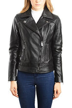 Load image into Gallery viewer, REED Women's Genuine Lambskin Leather Biker Jacket, classic motorcycle style, black, premium quality, stylish fashion coat.