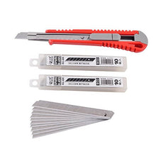 Load image into Gallery viewer, eZthings utility knife with red handle and 30 snap-off blades set for cutting cardboard, plastic, leather, and more.