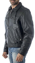 Load image into Gallery viewer, Men's black leather motorcycle jacket with vents and neck warmer by REED, featuring classic design and high-quality cow leather.