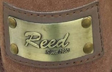 Cargar imagen en el visor de la galería, REED suede leather boot label with embossed logo and since 1950 statement on a brass plate.