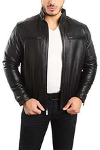 Load image into Gallery viewer, REED men's lambskin leather jacket with stand-up collar, black, zip closure, imported, ideal for winter, premium quality