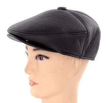 Cargar imagen en el visor de la galería, Flat Cabbie Men's Classic Newsboy Cap with Ear Flaps in Black Faux Leather