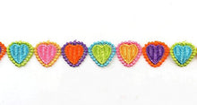Load image into Gallery viewer, Colorful embroidered heart lace trim ribbon for sewing and craft projects, featuring vibrant floral patterns by eZthings.