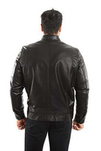 Load image into Gallery viewer, Back view of man wearing REED Men's Genuine Lambskin Leather Biker Jacket, showcasing luxurious black leather style.