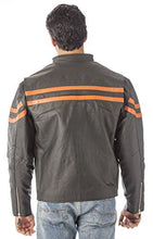 Cargar imagen en el visor de la galería, Back view of REED Men's Black Vented Motorcycle Leather Jacket with orange stripes, featuring hidden air vents and zip-out lining.