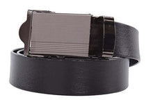 Load image into Gallery viewer, Black no holes men's PU leather belt with automatic buckle, heavy duty and adjustable, up to size 48". Ideal for suits or jeans.