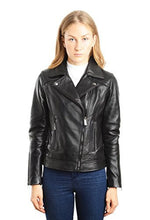 Load image into Gallery viewer, REED 1950 women's black lambskin leather biker jacket, genuine premium quality fashion coat, classic motorcycle style.