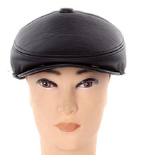 Cargar imagen en el visor de la galería, Flat Cabbie Men's Classic Newsboy Flat Cap Hat with Ear Flaps in black faux leather, displayed on a mannequin head.