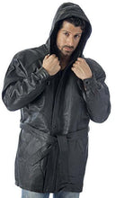 Load image into Gallery viewer, REED Men's black leather parka jacket with zip-out hood and belt, made from durable pig skin for heavy-duty wear.