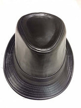 Load image into Gallery viewer, REED men's fedora hat with indented crown and gangster style brim in black PU leather, lightweight and suitable for year-round wear.