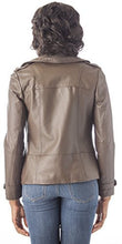 Load image into Gallery viewer, Back view of REED Women's Rugged Distressed Leather Jacket in Brown, showcasing vintage style over jeans.