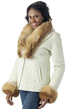 Load image into Gallery viewer, Woman wearing REED genuine fox fur trim leather jacket, showcasing luxury fashion and style with real fox fur design.